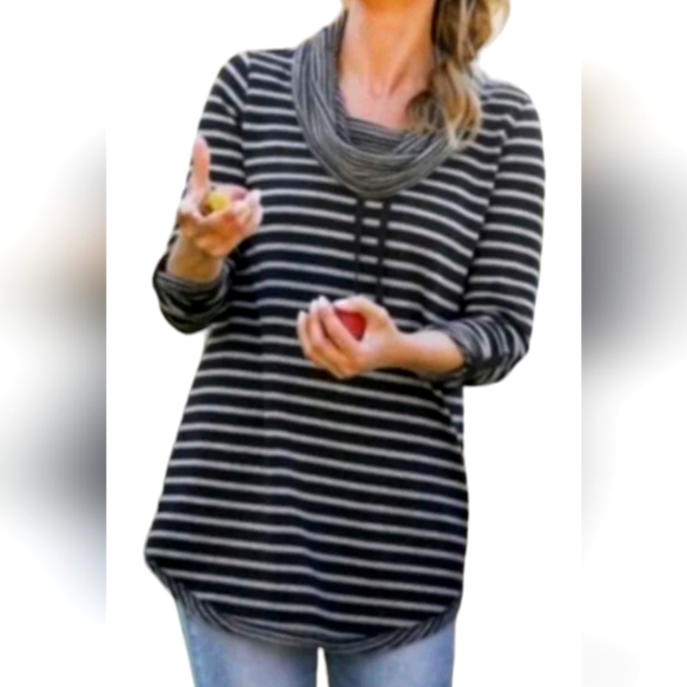 Soft Surroundings Black Gray Stripe Cowl‎ Neck Pullover Drawstring Petite Large